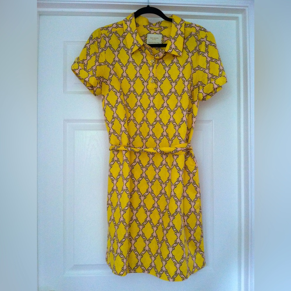Kate Spade Collared Shirt Dress in Yellow with Pink details & Gold buttons